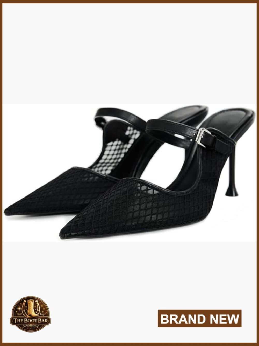 Heeled Mesh Mules Pointed Toe Stiletto Sandals Slip On Adjustable Straps